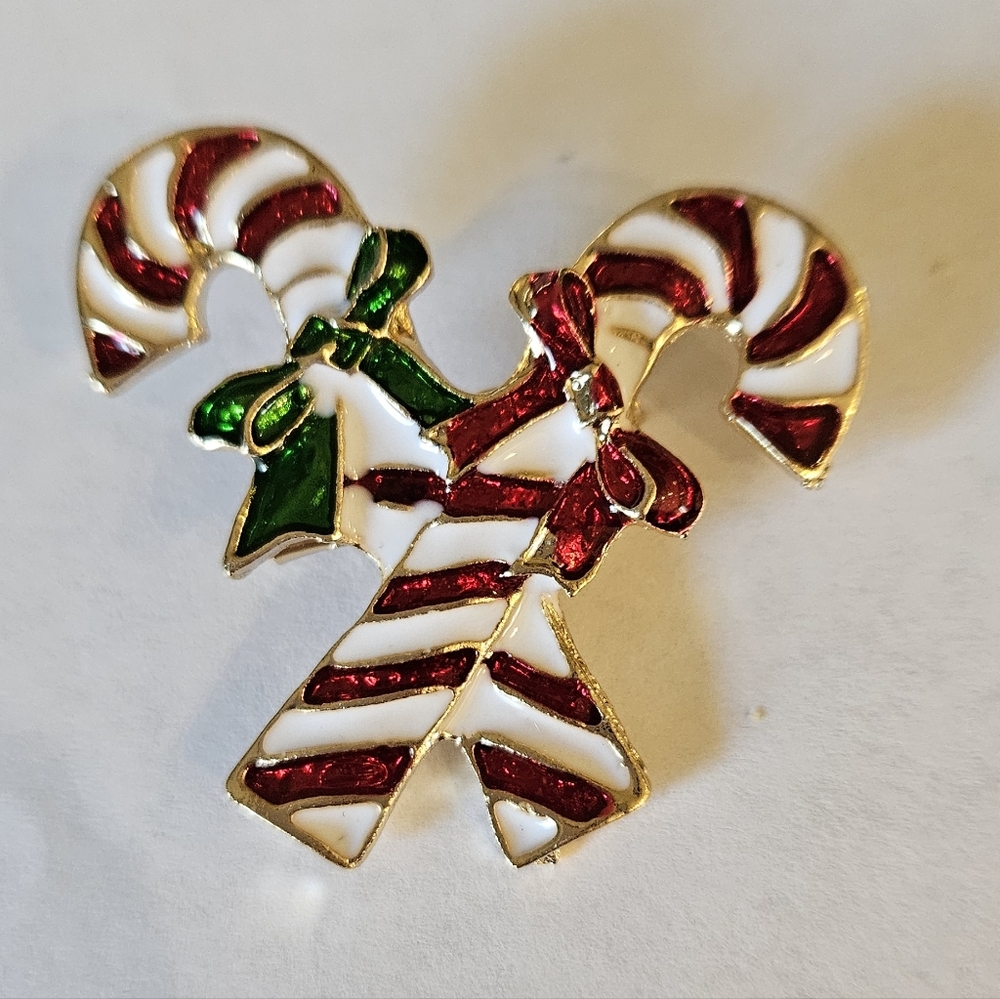 Candy Cane Brooch Pin with bows Enamel Christmas